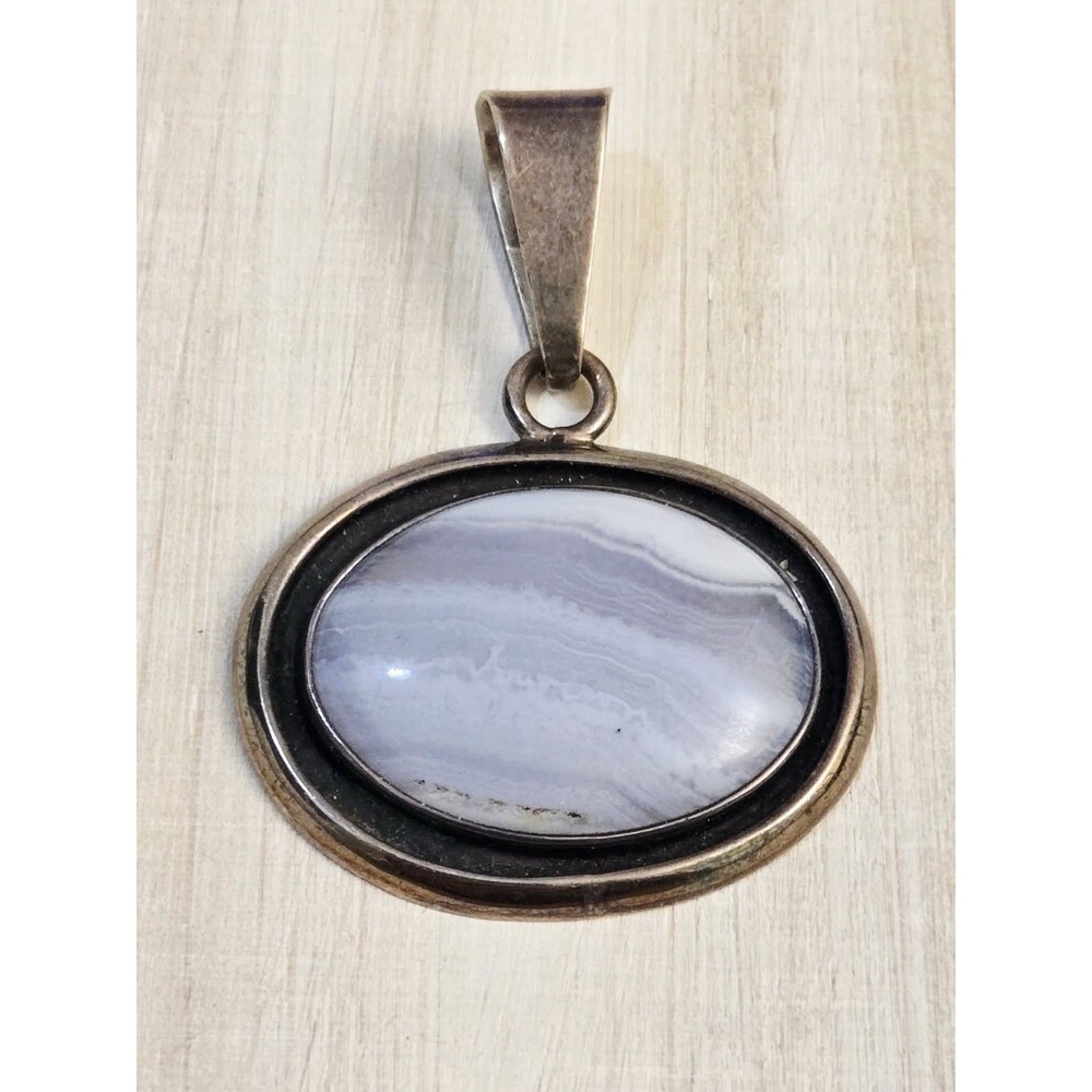 Charles Albert Blue Lace Agate Fine Sterling Silver Large Pendant Signed
